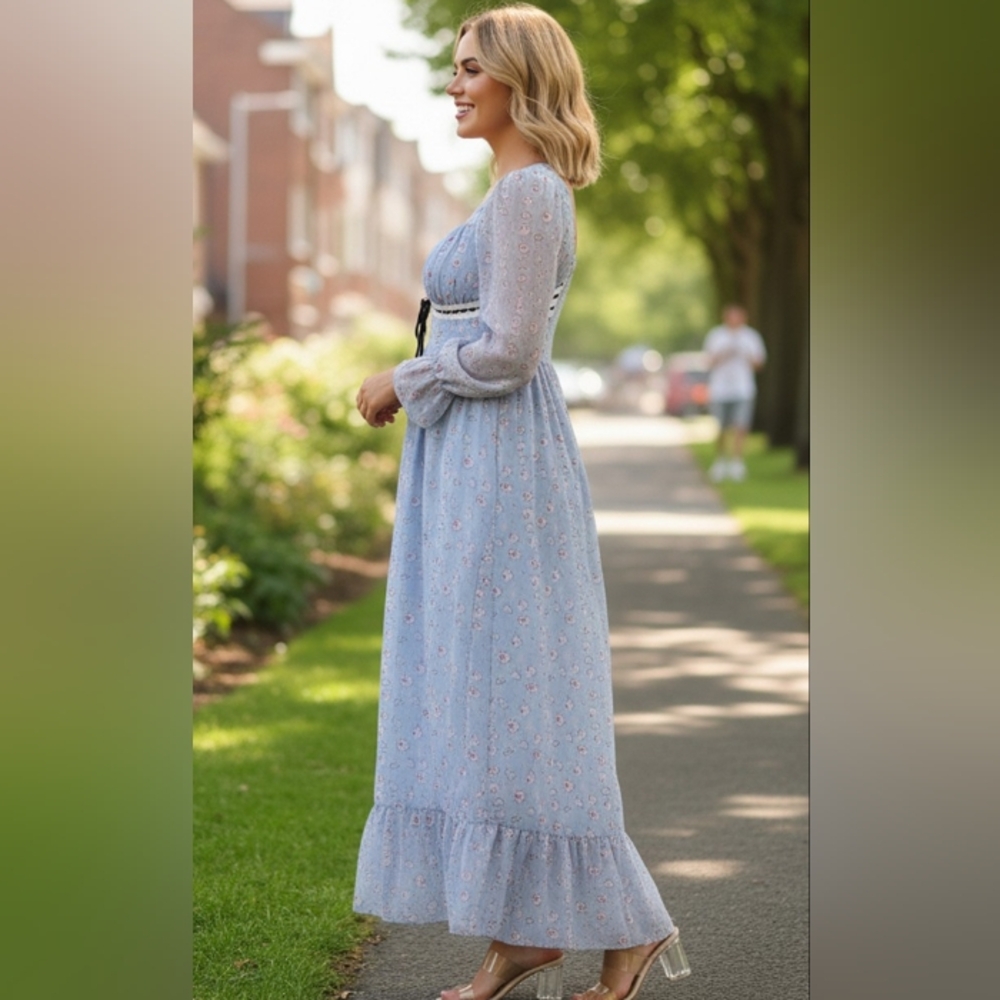 Meadowlark Cottagecore Bridgerton Milk Maid Fairy Dress, Sky Blue NWOT Sz L? - Picture 3 of 13